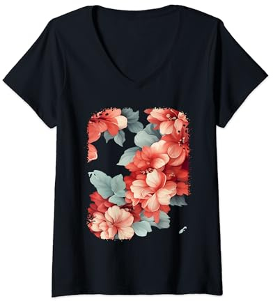 Begonia Flower Bouquet Plant Lover Floral Pattern Design Maglietta con Collo a V