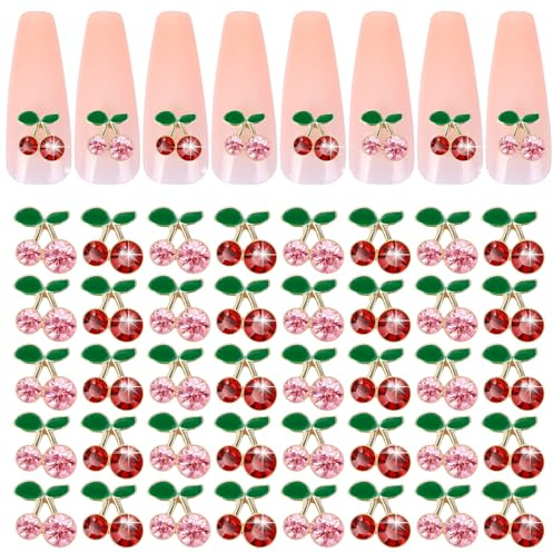 TIESOME Lot de 40 strass 3D en forme de cerise pour ongles, décor en acrylique, pierres précieuses brillantes, clous à ongles, charme en cristal diamant, accessoires de manucure DIY mignons pour
