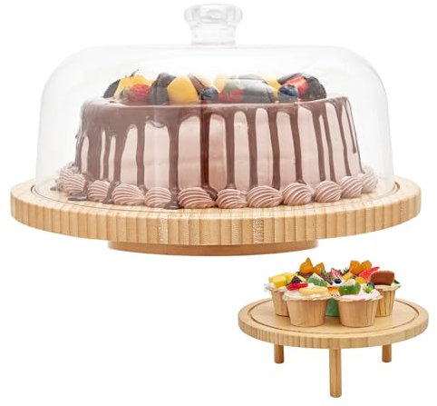 Soporte para tartas, Ohuhu Bamboo 2 en 1, plato para tartas con tapa, plato giratorio para tartas con 3 soportes extraíbles y campana para tartas, acrílico para hornear, decoración de fiestas, grandes