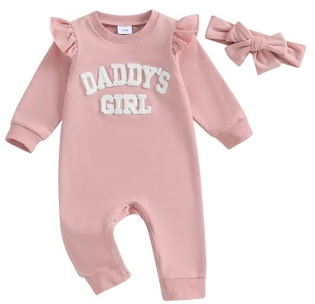 Carolilly Newborn Baby Girl Outfits 2Pcs Outfits Clothing Set Daddy's Girl Fuzzy Letter Embroidery Long Sleeve Romper Bodysuit Round Neck Jumpsuit Toddler Clothes Daywear+Headband (Pink, 0-3 Months)