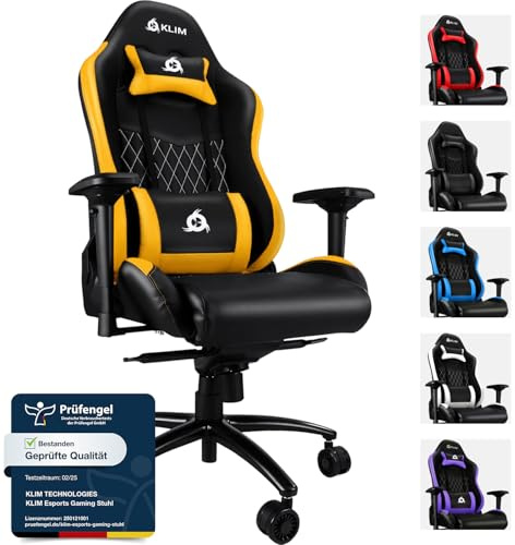 KLIM Esports Gaming Stuhl Ergonomisch mit Lenden- und Nackenstütze | Verstellbar bis 160 Grad mit höhenanpassbaren Armlehnen für jeden, Gelb
