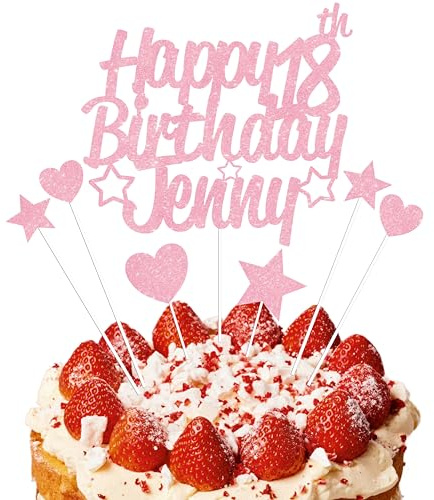 EKAM Personalised Happy Birthday Cake Topper, Customised with Any Age Name Party Cake Decoration, Glitter Card Cake Topper With Heart Star Cup Cake Toppers - 9Pcs (Prime, Light Pink)