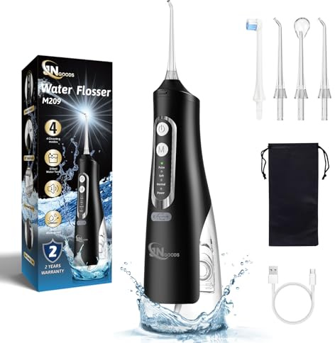 Cordless Water Dental Flosser Oral irrigator,JNGOODS 310ml Rechargeable Water flosser for Teeth IPX7 Waterproof 4 Modes Portable Irrigate with 4 Jet Tips,Travel Home use (Black)