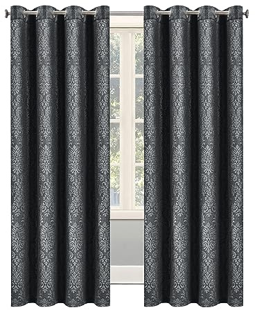 OpulentDreams Embossed Woven Thermal Curtains - Room Darkening Ring-Top Curtains for Bedroom & Living Room - Includes Tie Backs - Pair of Panels (Grey Charcoal - Eyelet, 46 x 54 (116 x 137cm))