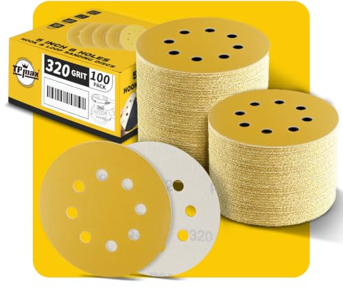 100PCS 5 Inch 320 Grit 125mm 8 Hole Sanding Discs Sandpaper - Premium Gold Round Hook and Loop for Random Orbital Sander - Ideal for Wood, Metal, Automotive