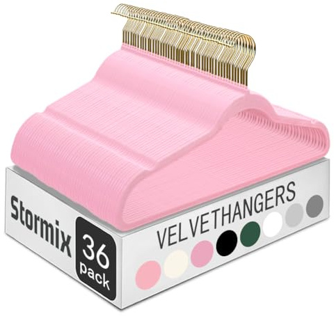 Stormix 52er-Pack Samt-Kleiderbügel für Erwachsene, Hochfeste rutschfeste Premium-Samt-Anzugshänger für Kleidung, Ultradünne platzsparende Kleiderbügel für Hemden,Dunkelrosa – goldfarbener Haken