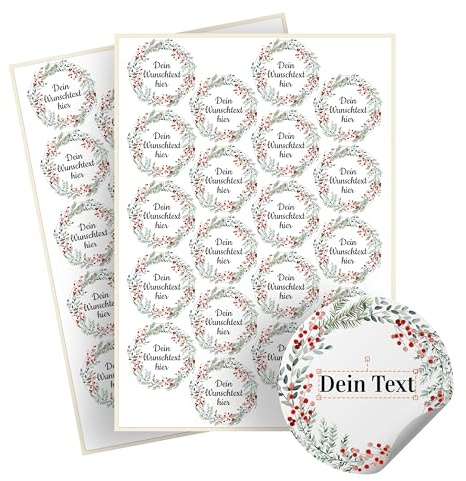 Weihnachtssticker selbst gestalten – 40 personalisierte Aufkleber - Stickerbögen – rund, Ø 5 cm – Weihnachtsetiketten als Geschenkaufkleber – Sticker mit Namen - Kranz - Motiv 1
