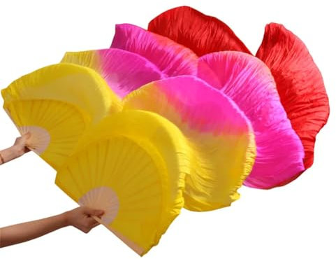 WDCDYQDH 2 Stück Bauchtanz-Fächerschleier aus Seide für Damen, Regenbogenfarben, Klassische Hilfsmittel für Erwachsene (Gelb, Fuchsie, Rot, L180 cm, 1 Paar (2 Stück)