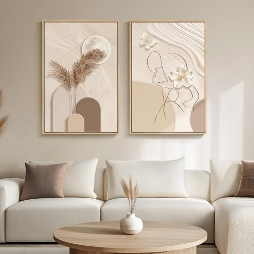 Large Framed Neutral Abstract Wall Art for Living Room, Set of 2 Modern Warm Beige and Taupe Canvas Artwork for Walls, Woman Silhouette Paintings Prints Wall Decor for Bedroom Home Office, 20x30 Inch