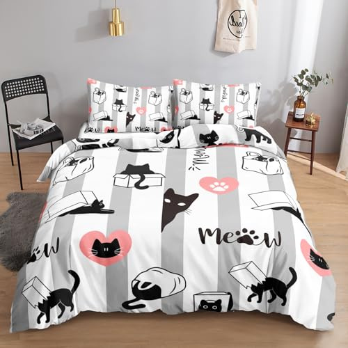 HOSIMA Bettwäsche-Set für Jungen und Mädchen, Gestreift, Schwarzer Katzendruck, Bettbezug mit 2 Kissenbezügen (Gestreifte Schwarze Katze S)