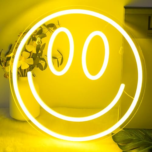 Enseigne Néon LED Sourire, Alimentée par USB Décoration Murale, Luminosité Réglable Néon Enseignes lumineuses Decor, Design Joyeux pour Fêtes, Anniversaires ou Ambiance Maison - Jaune