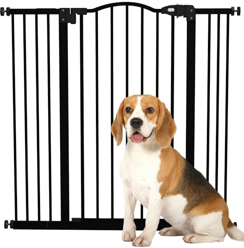 PawHut Barrera de Seguridad para Perros Extensible 74-100 cm, para Puertas y Escaleras, Barrera para Perros con 2 Extensiones 7/14 cm, Montaje a Presión y Doble Bloqueo, Negro