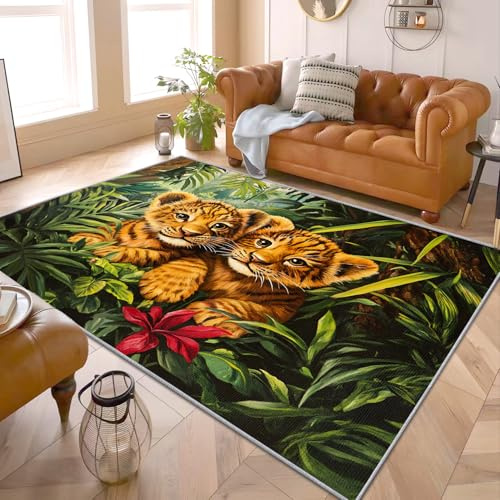 PaxGloz Tiger Teppich Kinderzimmer - Teppiche Wohnzimmer Schlafzimmer Dschungel Tiere, Kleiner Teppich Tropische Pflanzen, Weich Kurzflor & Waschbar & rutschfest Fussmatte Innen, 80x150 cm