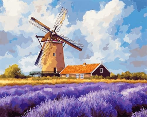 N.LANSHAN DIY Knüpfteppich Zum Selber Knüpfen Cartoon Lavendel Und Windmühle Knüpfpackungen Für Anfänger,Senioren Und 3D-Heimwerker. Teppich-Set. 60x90cm
