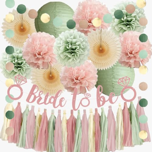 Junggesellinnenabschied Deko Grün Rosa JGA Deko Frauen Salbeigrün Rosa Bride to Be Party Braut JGA Deko Hellgrün Hellrosa Brautparty mit Quasten Girlande Creme für Bridal Shower Bachelorette