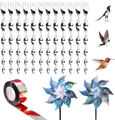 BAOSROY Répulsif Oiseaux,Répulsifs Oiseaux Reflechissants,Effaroucheur Oiseaux Réfléchissant,Repulsif Pigeons,12 Spirale Anti-Oiseaux,2 Moulin à Vent Réfléchissant et Ruban Repulsif pour Oiseaux