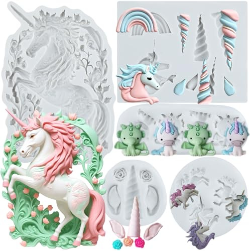 Sijiangmold Unicorn Silicone Mould Unicorn Horn Ears Fondant Mould Set of 5 | Unicorn Rainbow Mould Cake Decoration Cupcake Topper Candy Polymer Clay Chocolate Gum Paste