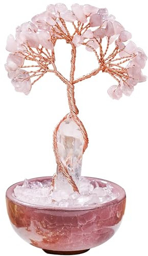 RJINGSHI Árbol de la vida de cristal de cuarzo rosa natural de un solo punto, parte inferior de cuarzo transparente y base de taza de té, adornos de árbol curativo para nuevo hogar, regalos de
