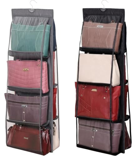YUNYU [2 Stück Taschenaufbewahrung Hängend - Handtaschen Organizer mit 8 Klaren Fächern & Starkem Haken - Für Kleiderschrank/Schubladen (Schwarz+Grau), 35x110cm