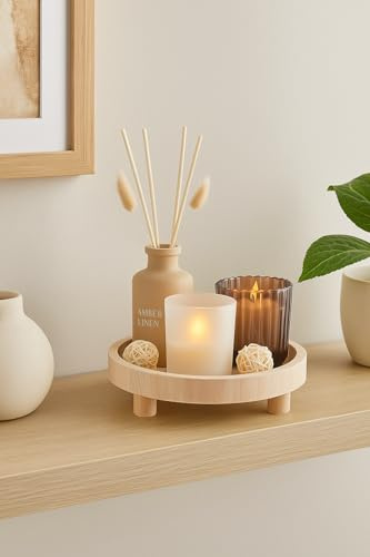 New Amber Linen Scented Candle and Diffuser Set on Decorative Wooden Footed Tray – A Sophisticated Home Fragrance Gift Set Ideal for Living Rooms, Bedrooms & Entryways – A12