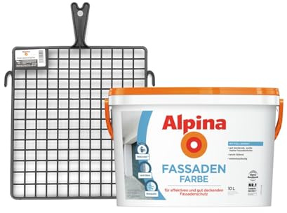 Alpina Fassadenfarbe Weiß Matt + Abstreifgitter - Wetterbeständige & Atmungsaktive Außenfarbe für Hauswände mit Putzausgleich - Set mit Malerzubehör - 10L