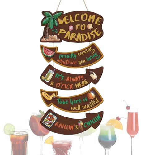 Cartel de bienvenida para la puerta, cartel de madera con patrón tropical para colgar, cartel de madera colorido para jardín, terraza, entrada, vacaciones