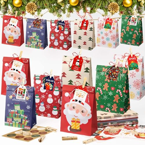 Calendario Avvento Fai Da Te, con 24 Sacchetti di Carta Kraft, Adesivi, Etichette, Mollette di Legno e Cordoncino Corto, Calendario Avvento Da Riempire, Perfetto per i Bambini da Realizzare e Regalare