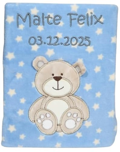 BotoBaby Kuschelige Babydecke Blau mit Sternenmuster personalisiert mit Namen, Geburtsdatum 3D Applikation Geschenk Geburt Taufe 75x100 cm Öko Tex 100 (Blau - Sternen + Stoffapplikation 3D)