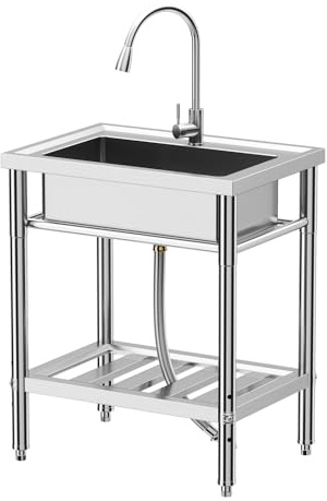 Freistehende Edelstahl Spültisch 1 Becken, 71 x 51 x 86 Cm Gewerbliche Spülbecken Mit Wasserhahn Mit Kalt-/Warm-Anschluss, Mobiler Spültisch, Für Außen, Innen, Küche, Restaurant, Bar, Camping