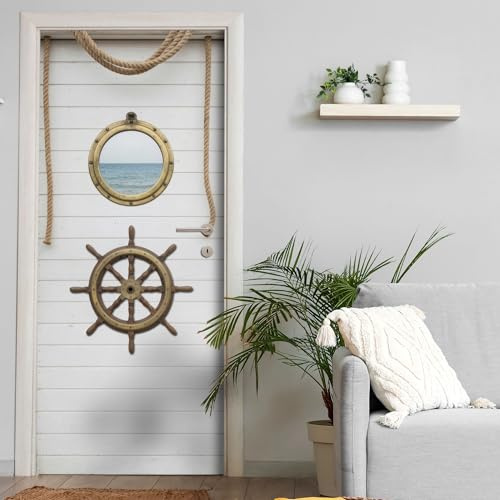 Türtapete selbstklebend blasenfrei | 200 x 90 cm Tür mit Bullauge, maritim | Tür Aufkleber Türfolie | Einteilig | Wasserfest 3D Türaufkleber Klebefolie Türposter Möbelfolie