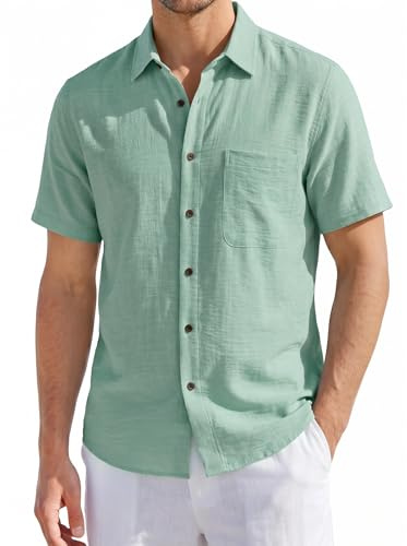 HISDERN Mens Linen Shirts Short Sleeved Summer Casual Button Down Shirt Cotton Regular Fit Beach Holiday Tops with Pocket