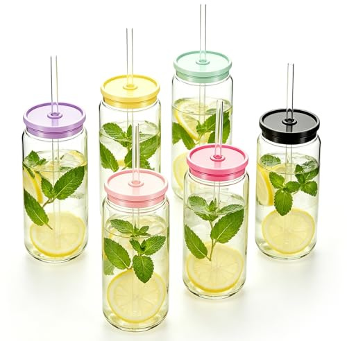BORDEAG 6 Stück Plastikbecher Mit Deckel Und Strohhalm, Transparent Trinkglas Mit Deckel 6er Set 16oz 475ml PC Kunststoff, für Wiederverwendbar, Ideal Für Eiskaffee, Smoothie, Saft