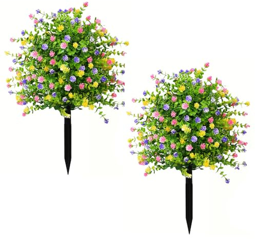 Set of 2 Artificial Ball Trees with Ground Stakes, Outdoor Artificial Flowers, Artificial Shrub Bushes, UV-Resistant, Fake Evergreen Tree for Outdoor Porches, Gardens, and Home Decor (Color)
