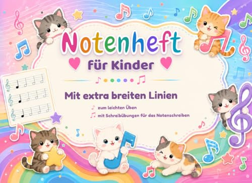 Notenheft für Kinder mit breiten Notenlinien A5: Musikheft für Anfänger mit Schreibübungen. Notenbuch für den Musik-Unterricht: Musiknoten schreiben lernen für Anfänger. Musiktheorie Grundschule