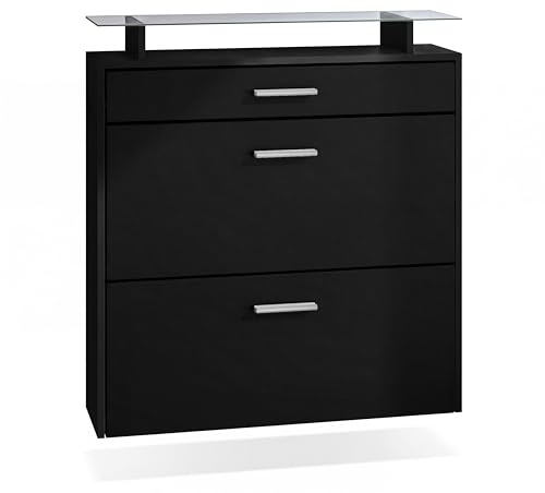 Vladon Schuhschrank Malea, hängender Schuhkipper für 16 Paar Schuhe mit 2 Klappen und 1 Schublade und Glasablage, Schwarz matt/Schwarz matt (89 x 96 x 23 cm)