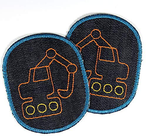 Flicken Aufbügler Bagger 10 x 8 cm Bügelflicken 2 Knieflicken Jeans für Kinder Baustelle Applikation und Bügelbild für Kinder patches zum aufbügeln feste Denim Jeans bestickte Hosenflicken Flickli
