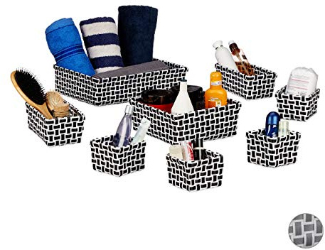 Relaxdays Aufbewahrungskorb 8er Set, Flechtoptik, Deko Körbchen, ineinander stapelbar, Korbset, Kunststoff, weiß/schwarz