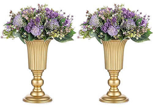Nuptio Pcs of 2 Flowered Metal Trumpet Vase Elegant Wedding Centerpieces Vase for Wedding Party Decoration, 23.2cm Tall Artificial Flower Arrangements for Anniversary Ceremony