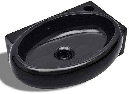 yorten Waschbecken Keramik mit Hahnloch Rund Waschtisch Waschplatz Waschschale 410 x 280 x 125 mm Schwarz