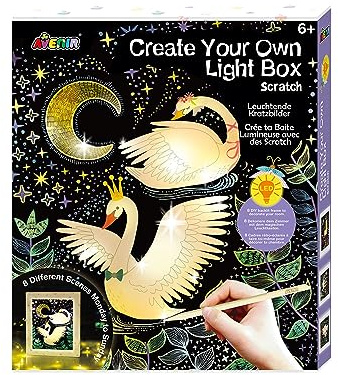 Avenir 6301434 Craft Set Luminous Scratching Pictures, DIY Light Box with Scratching Templates, Creative Set for Children from 6 Years, Scratching Art, Decoration