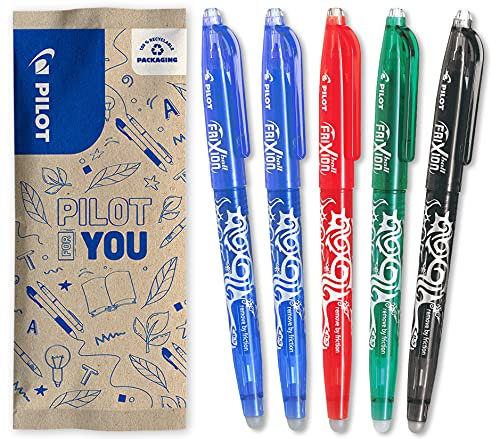 PILOT - FriXion Clicker 0.5 Set - 5 Stück: 2x Schwarz, 1x Blau/Rot/Grün - Radierbarer, nachfüllbarer Gel-Tintenroller mit Druckmechanik und thermosensitiver Tinte - Feine Spitze