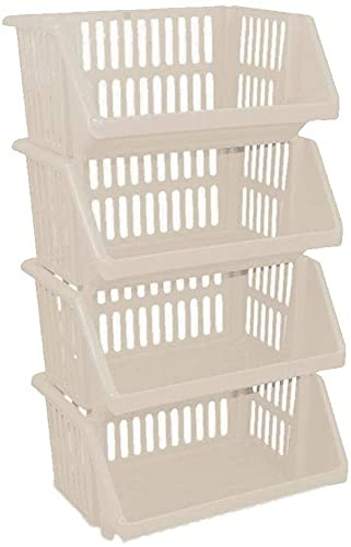 Optimal Products Large 4 Tier Stacking Baskets Storage Veg Rack Plastic Stackers 35 cm Kitchen Fruit Stand Shlef (Cream)