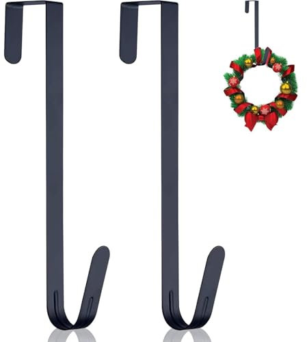 Maridergo Christmas Wreath Hanger for Front Door, 15 Inch Christmas Wreath Door Hanger Metal Wreath Hanger Over Door Wreath Hook for Xmas Party Decor Door Wall Home Office (Black)