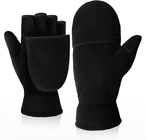 Kakaly Convertible Fingerless Gloves for Men – Winter Thermal Fleece Mittens with Flip Cover – Warm Half Finger Gloves for Work, Fishing, Driving, Running