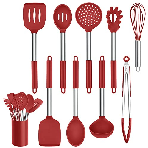 Homikit 10 Stück Silikon Küchenhelfer Set, Rot Küchenutensilien Set | Antihaft Kochbesteck, Hitzebeständiger Edelstahlgriff, Kochutensilien zum Kochen Grillen Servieren, Gesund, Spülmaschinenfest