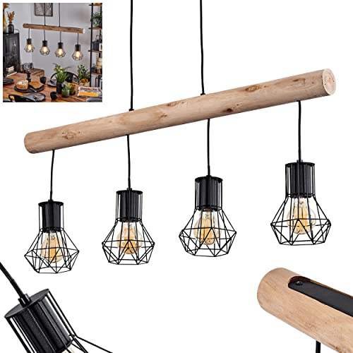 HOFSTEIN Pendelleuchte Bardhaman, Hängelampe aus Metall/Holz in Schwarz/Natur, 4-flammige Hängeleuchte im Retro/Vintage Design mit Schirmen in Gitter-Optik Ø 13 cm u. Holzstab, Höhe max. 124 cm, E27