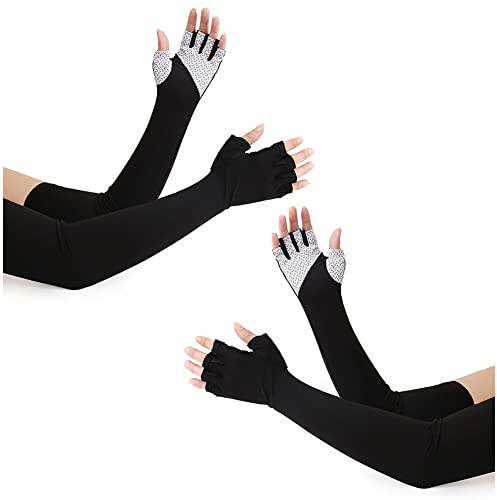 BYNYXI 2 Paar Fingerlose Armstulpen Sommer, Elastisch Handschuhe Lange Armschutz UV Schutz Armlinge Damen Herren Kühlung Armstulpen Ellenbogenlange Handschuhe für Outdoor Reiten Wandern Laufen