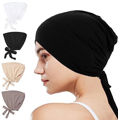MIVAIUN 4 Stück Hijab Undercap für Damen Muslimische Hijab Cap Einfarbige Untere Kappen Verstellbares Baumwoll Stretch Schlafmützen Atmungsaktive(4 Stück)