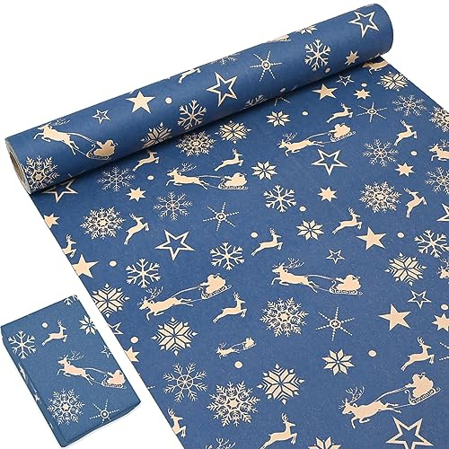 OTMVicor Geschenkpapierrolle, 15 m x 43 cm, Geschenkpapierrolle, recycelbares Kraftpapier, marineblaues Papier mit Stern, Schneeflocke, Elch, zum Verpacken von Weihnachtsgeschenken