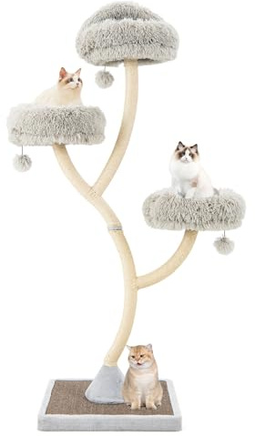 GOPLUS Arbre a Chat Design Hauteur 178CM, Design Incurvé, Intérieur, Gris | Arbre a Chat à 3 Niveaux avec Griffoirs et Planche en Sisal, 3 Perchoirs, 3 Balles, Cadre Métal, Coussin Doux Amovible